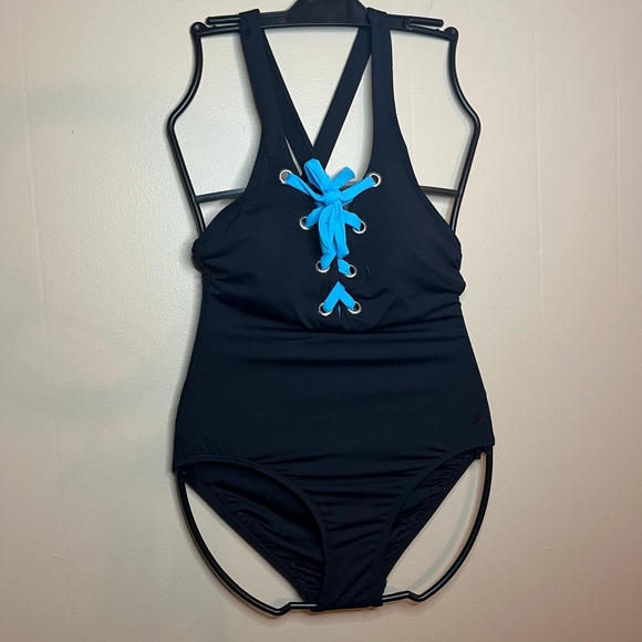 Nautica Black with Blue Lacing One Piece Swimsuit WITH DAMAGE - Picture 1 of 11